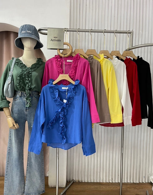 Ruffle Neckline Long Sleeves Tops